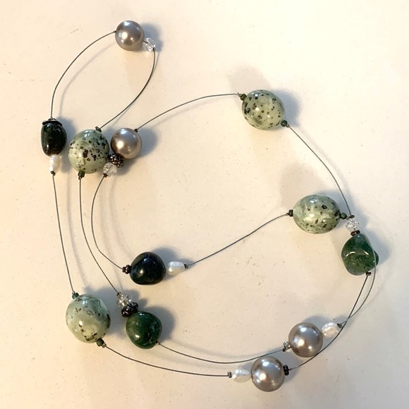 LONG necklace stone beads on a wire necklace 16” long green grey costume - Picture 2 of 8
